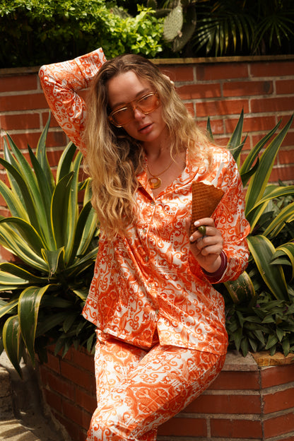 PANTALÓN PIJAMA AZULEJOS NARANJA Flor Amazona Colombia